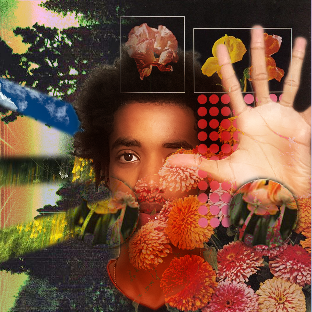 Lilian's self-portrait collage with flowers, trees, and layered colour