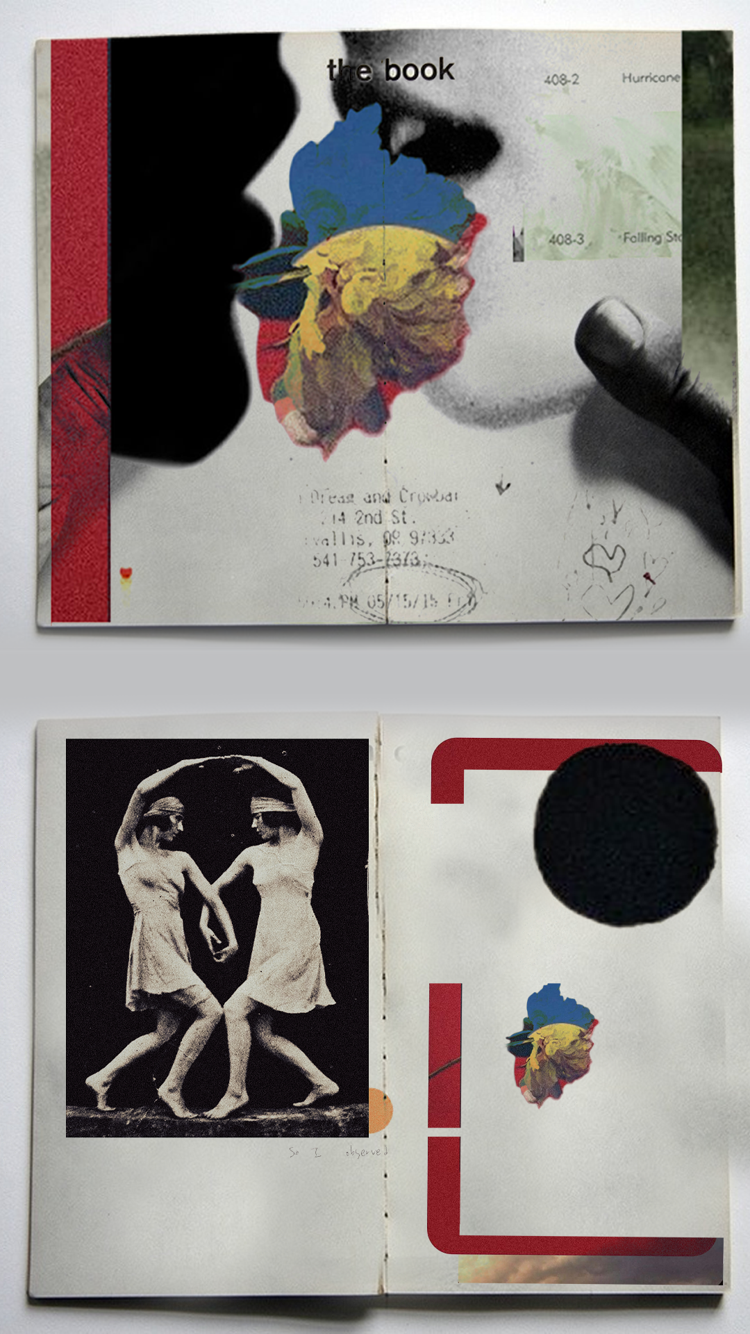 Collage spread combining a book, archival figures, a portrait, and coloured fragments